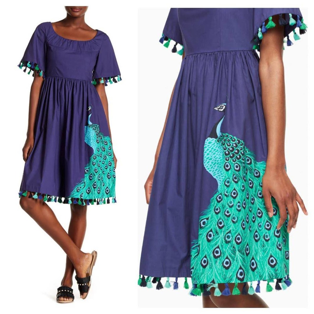 New Kate Spade New York Sz 4 Full Plume Peacock Poplin Dress Tassels Blue Green